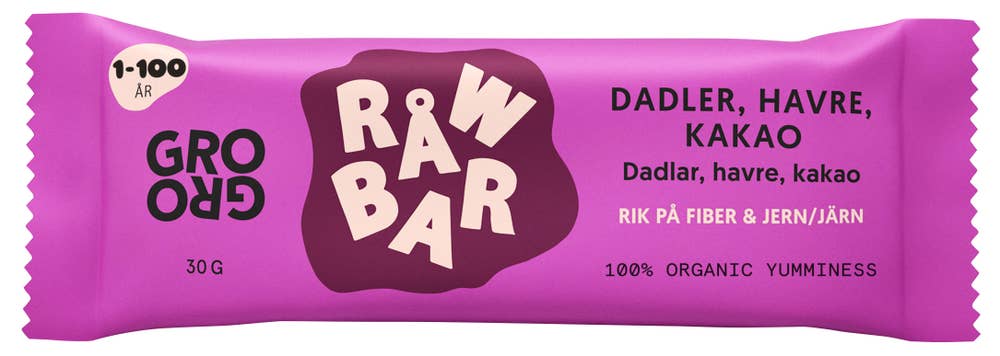 Grogro RÅWBAR med dadler, havre og kakao