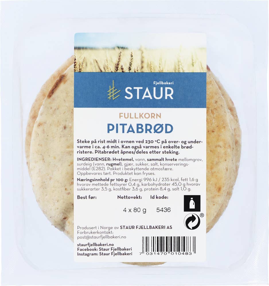 Staur Fjellbakeri Pitabrød Fullkorn ca 15 cm, 4 stk