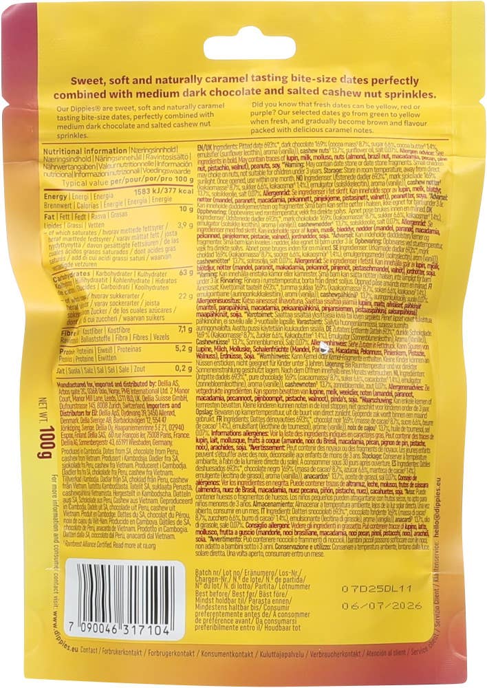 Dippies Tørkede dadler dyppet i sjokolade og cashewstrøssel