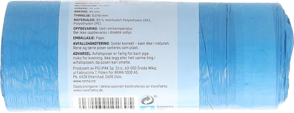 R Avfallspose med snørelukking 20 liter, 80% resirkulert materiale