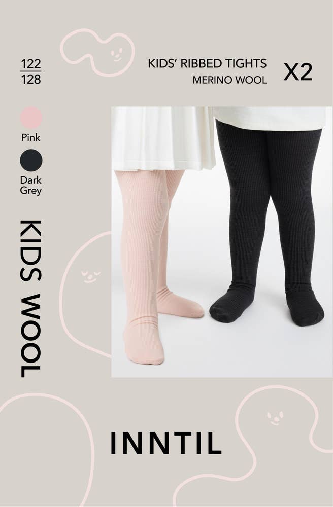 Inntil Ullstrømpebukse til barn Lysrosa og mørkegrå, str 122-128