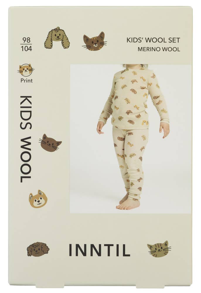Inntil Ullsett til barn i 100% merinoull Med dyreprint, str 98-104