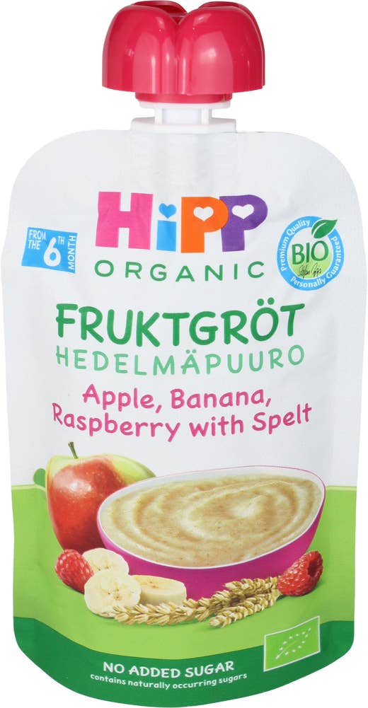 HiPP Fruktgrøt med eple, banan, bringebær og havre