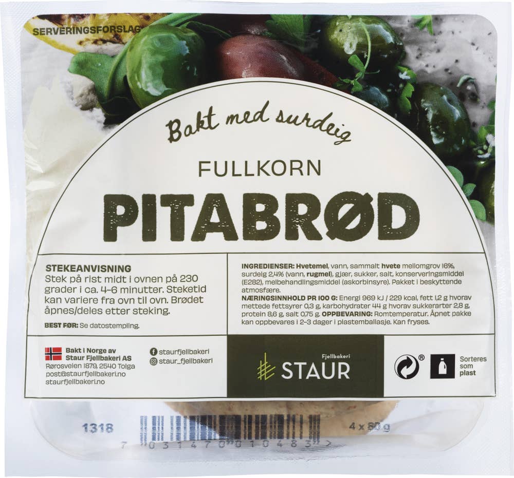 Staur Fjellbakeri Pitabrød Fullkorn ca 15 cm, 4 stk
