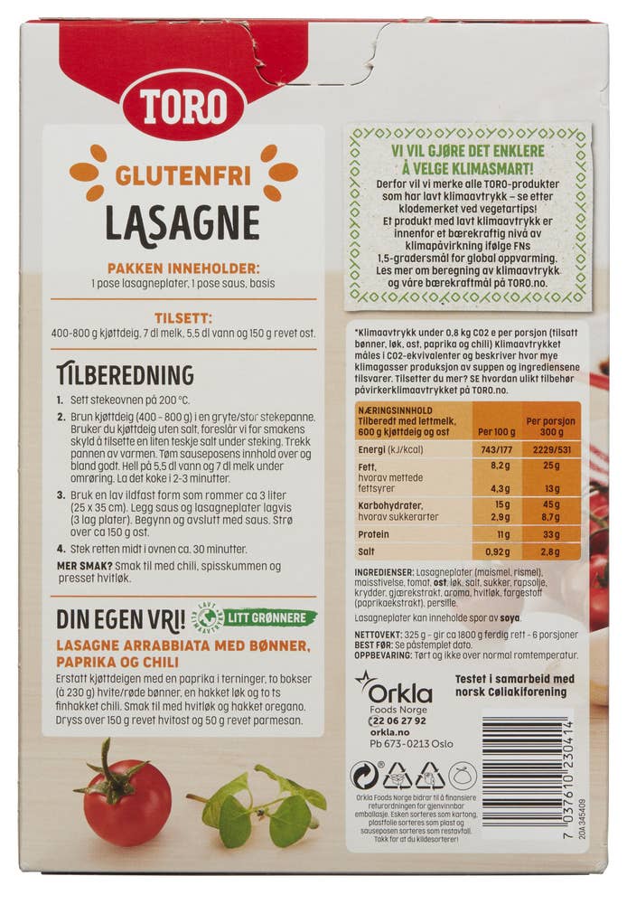 Toro Glutenfri lasagne Familiepakning