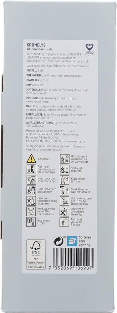 REMA 1000 Parafin kronelys gul 24 cm, 8 stk