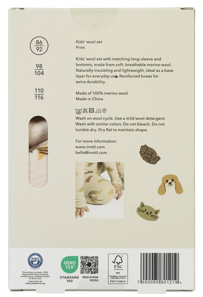 Inntil Ullsett til barn i 100% merinoull Med dyreprint, str 86-92