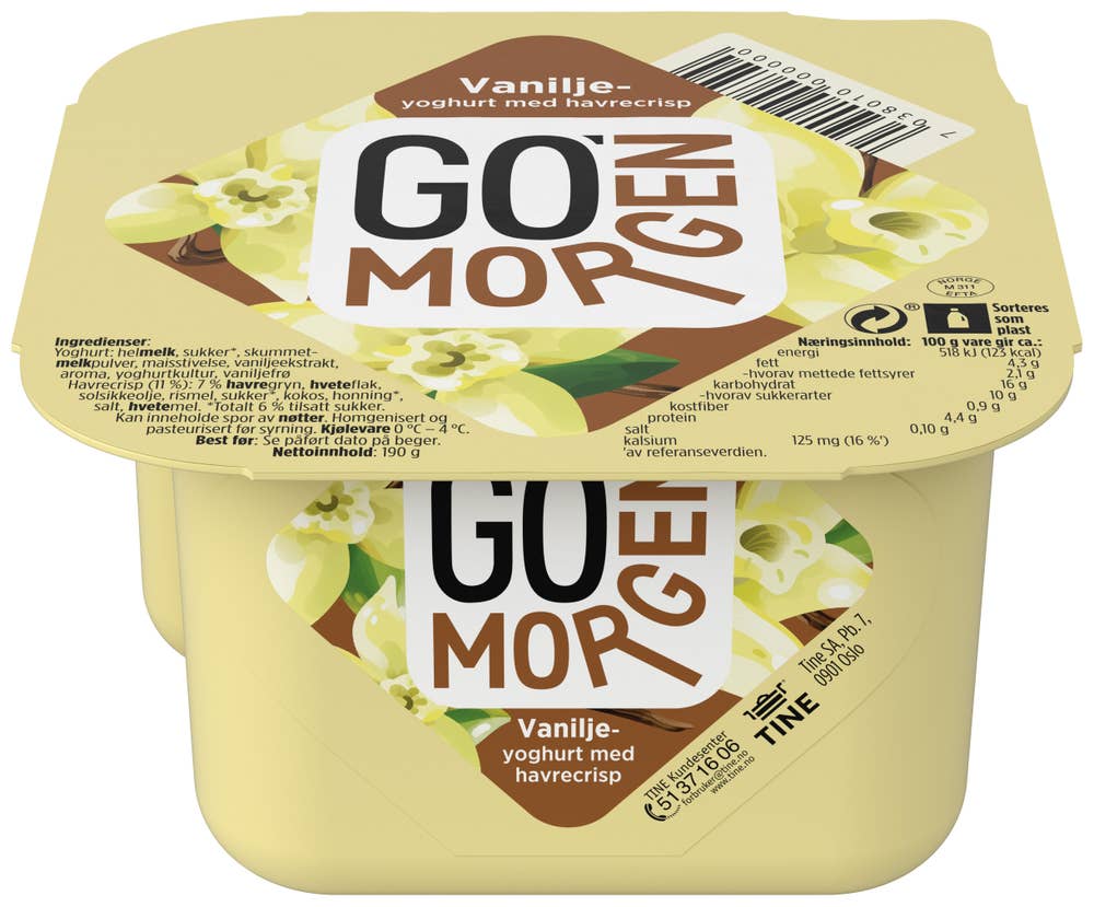 TINE Go'morgen Vaniljeyoghurt med Havrecrisp Partivare, 6pk