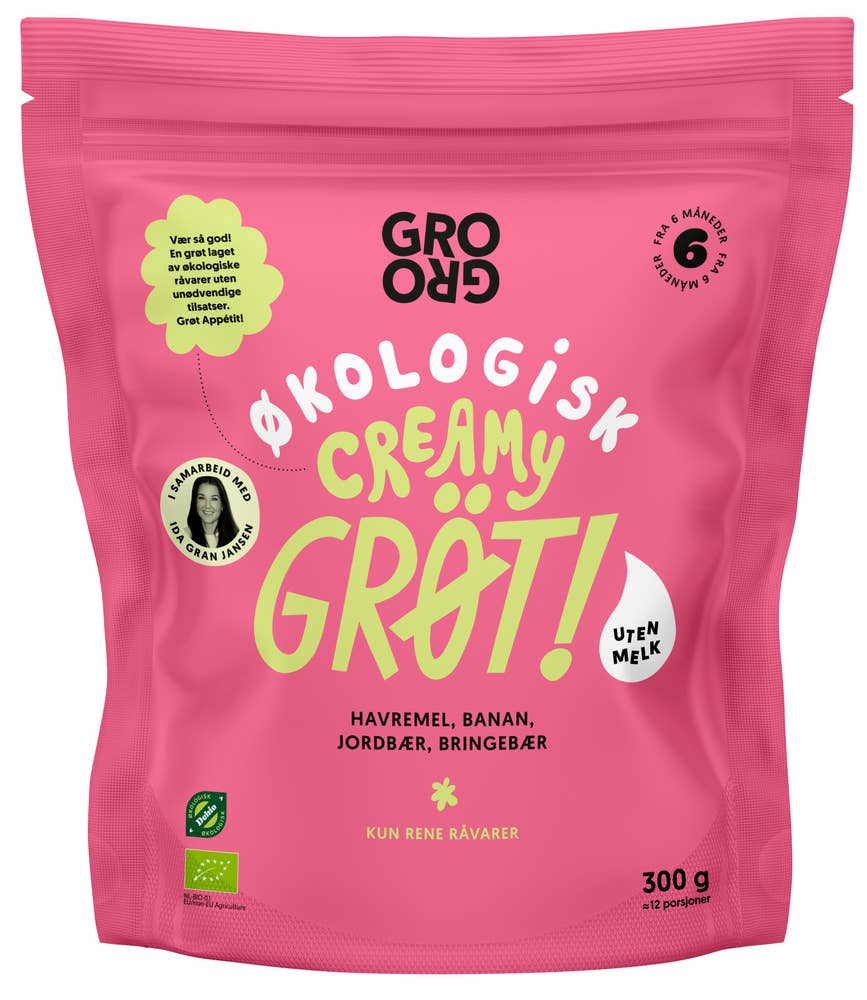 Grogro Pulvergrøt Creamy med banan og bringebær, fra 6 mnd