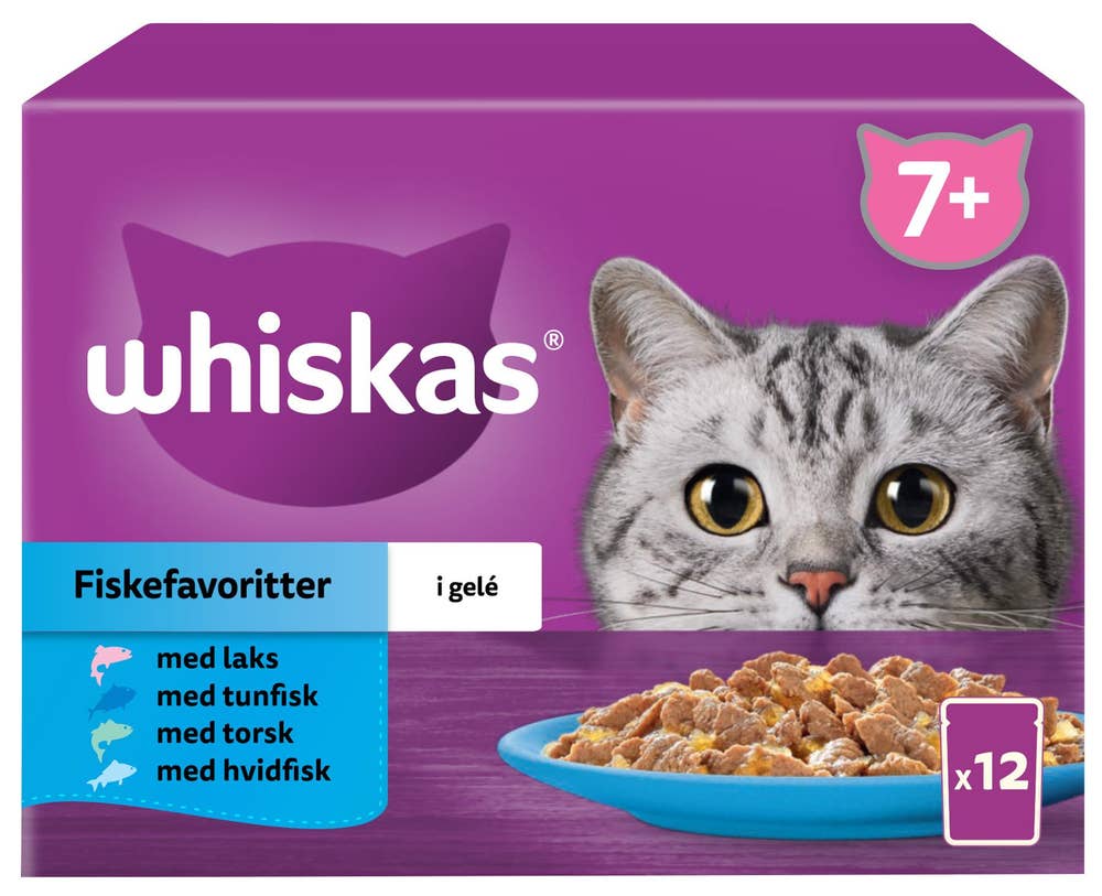 Whiskas Fish Selection Våtfôr med laks, tunfisk, torsk og hvitfisk i gelé Til seniorkatter fra 7 år, 12 x 85g