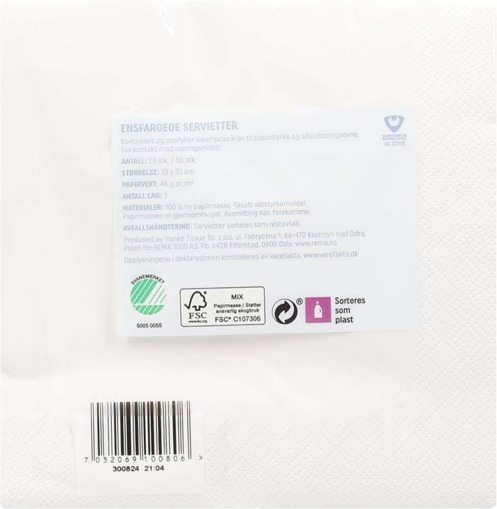 R Servietter Hvit, 33x33 cm