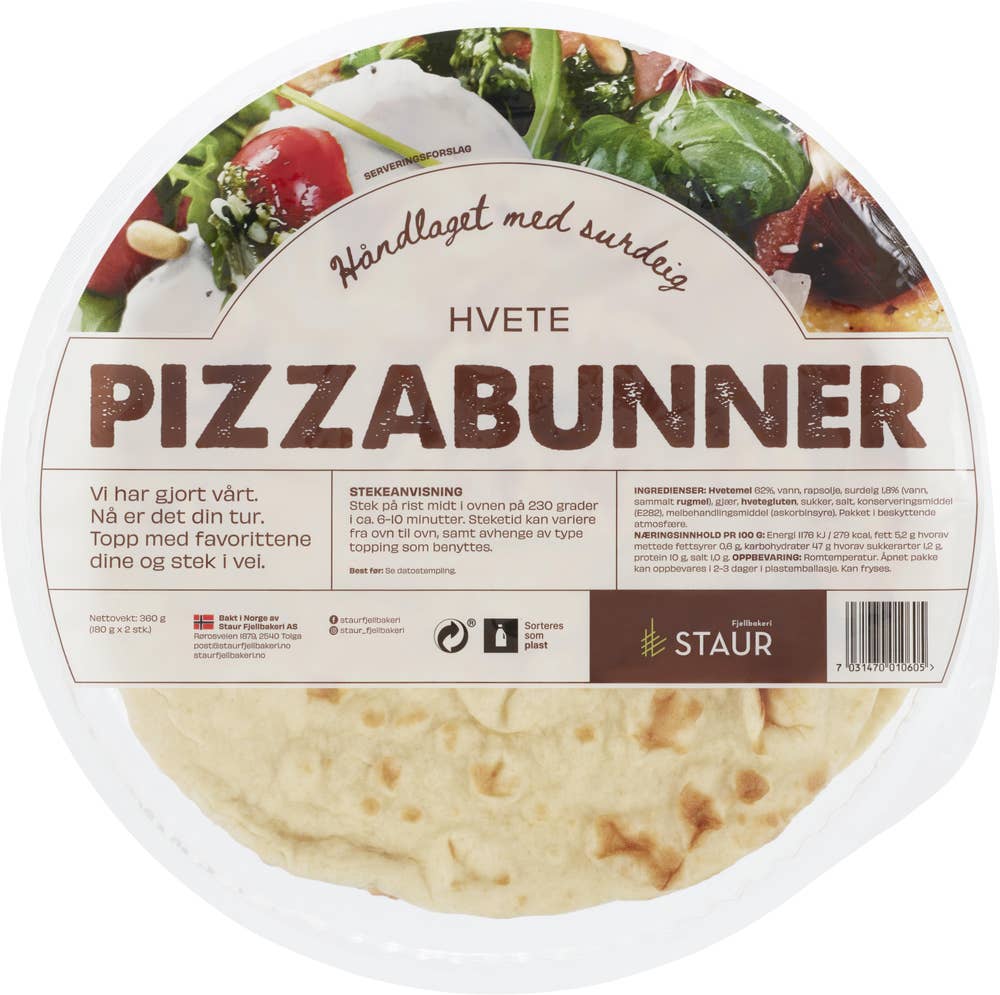 Staur Fjellbakeri Pizzabunn hvete ca 29cm 2stk