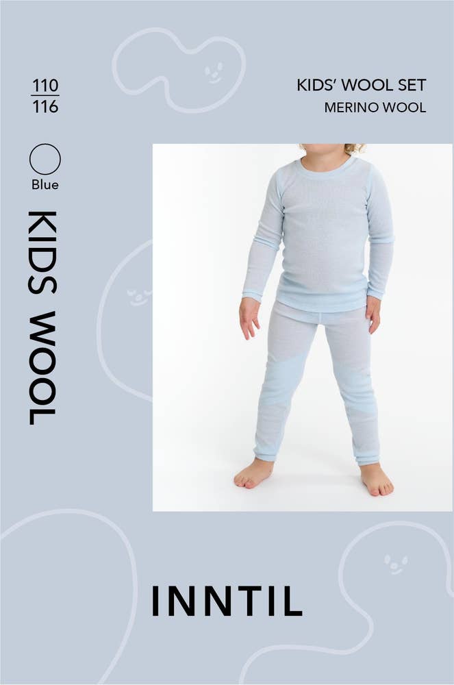 Inntil Ullsett til barn i 100% merinoull Blå, str. 110-116