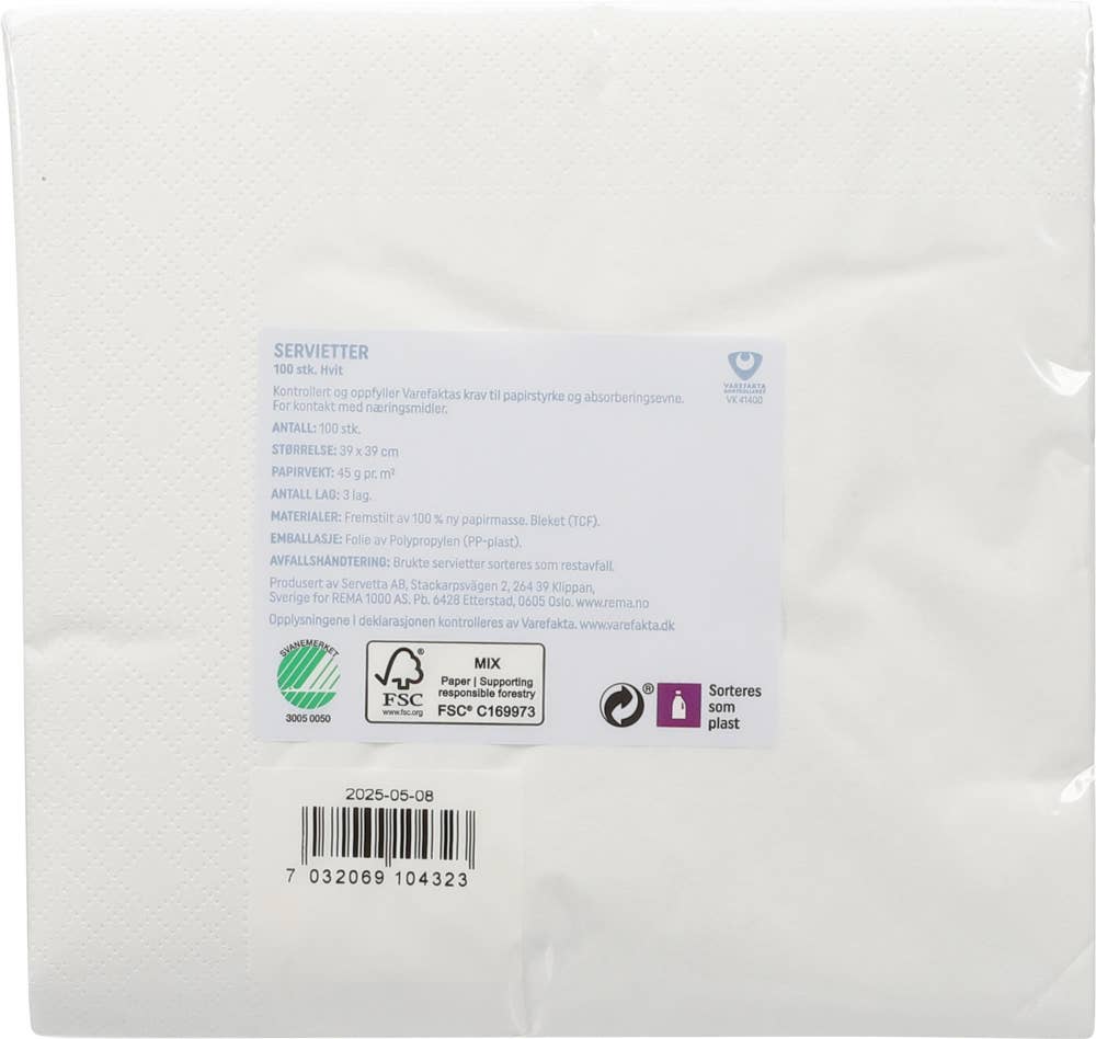 R Servietter Hvit, 39 cm