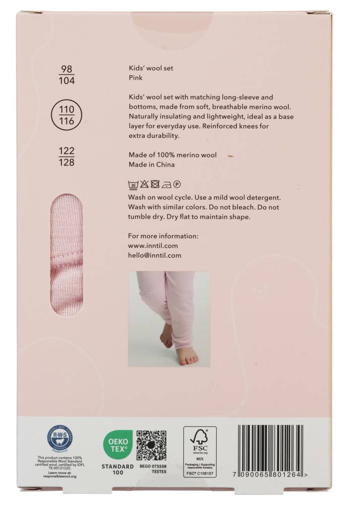 Inntil Ullsett til barn i 100% merinoull Rosa, str 110-116