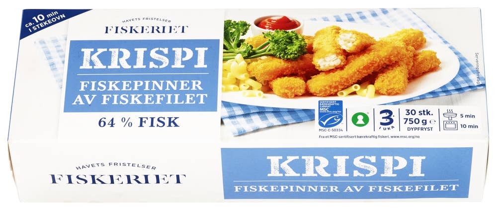 Fiskeriet Krispi fiskepinner av fiskefilet 64% fisk