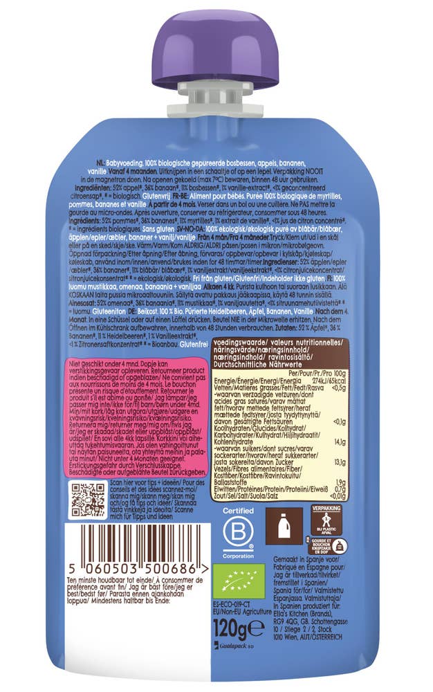 Ella's Kitchen Økologisk mos blåbær, eple og banan Fra 4 mnd