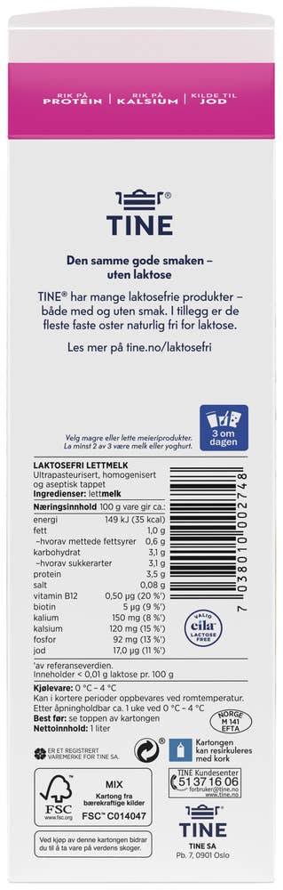 Tine Laktosefri Lettmelk 1% fett