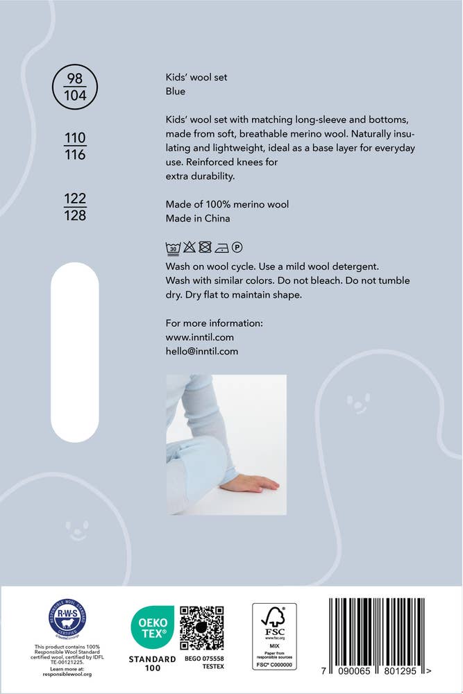 Inntil Ullsett til barn i 100% merinoull Blå, str 98-104