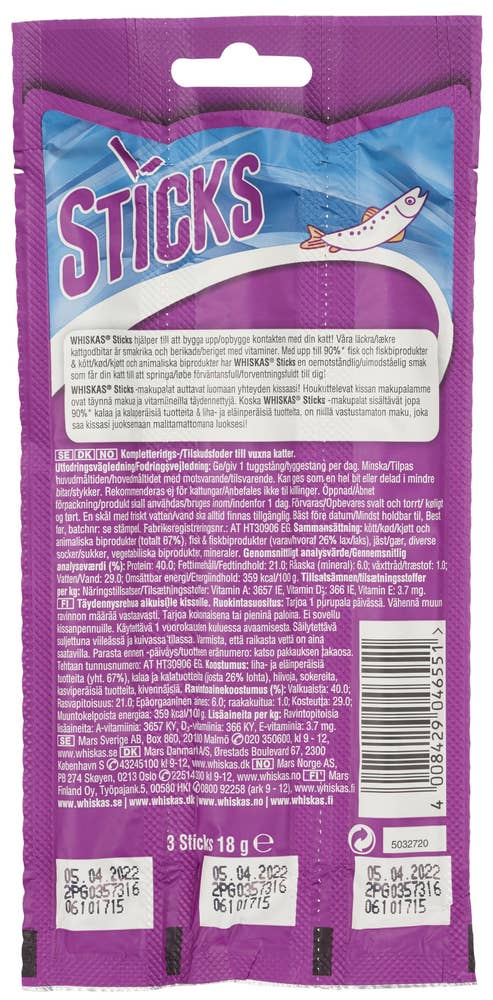 WHISKAS Sticks kattegodbit med laksesmak 3stk