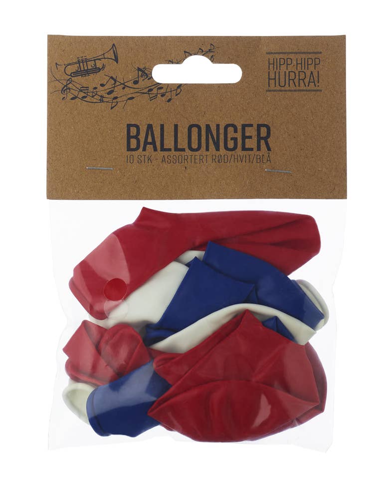 17. mai ballonger i rød, blå og hvit 10 stk