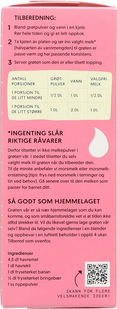 Grogro Pulvergrøt Creamy med havre, banan og bringebær, Fra 6 mnd.