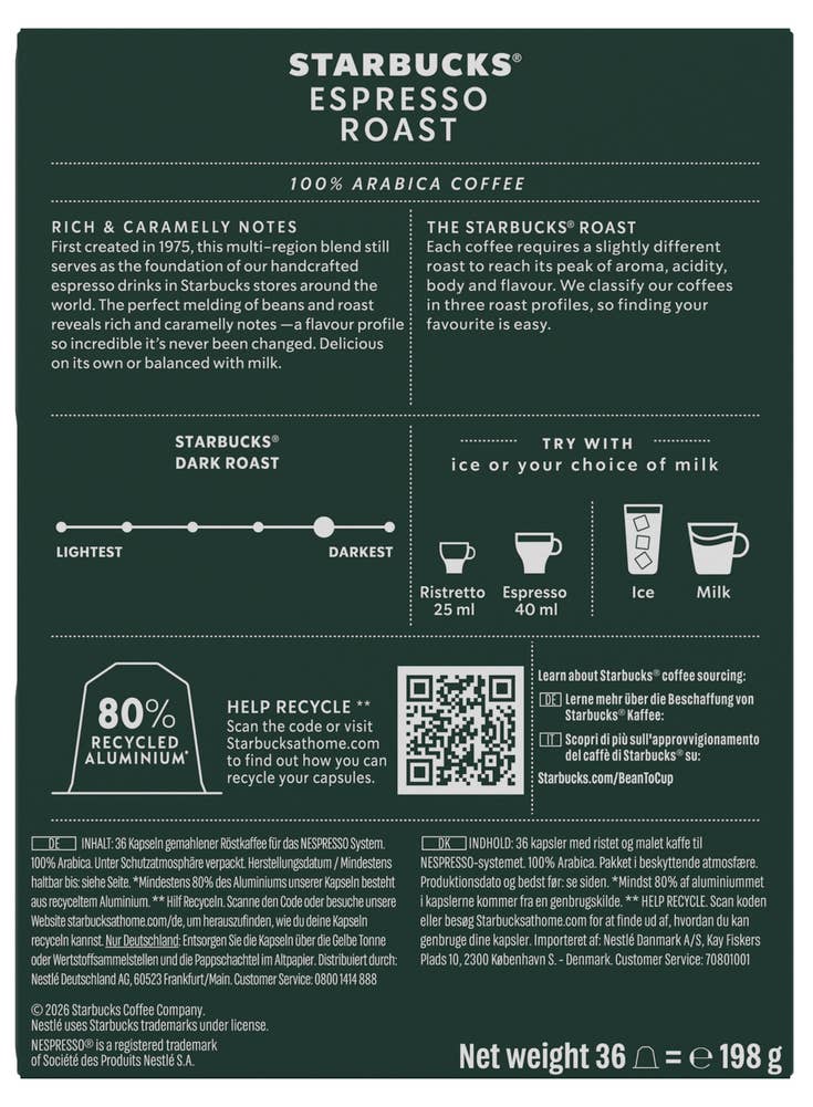 Starbucks Espresso Roast multipack 36 kapsler, intensitet 11