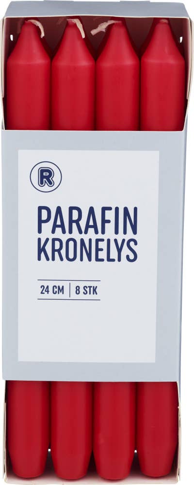 R Rød kronelys, parafin 24 cm, 8 stk