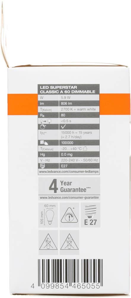 Osram Klar LED-lyspære E27, varm hvit Dimbar, 60 W, 806 lm