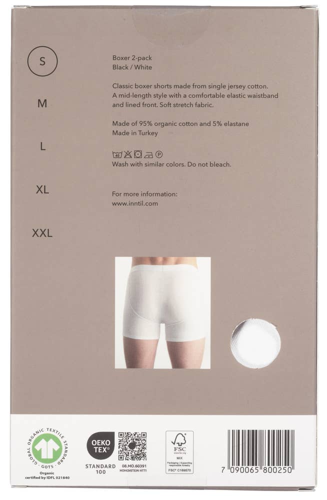 Inntil Bokser i økologisk bomull Sort og hvit, str. S