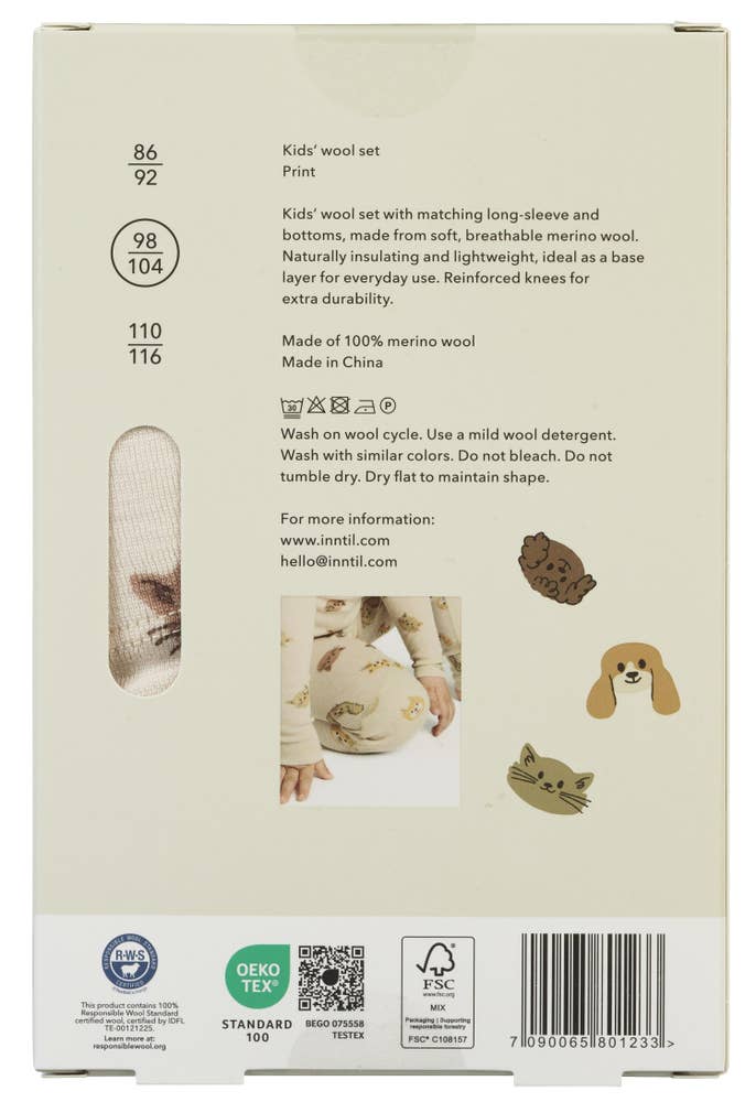 Inntil Ullsett til barn i 100% merinoull Med dyreprint, str 98-104