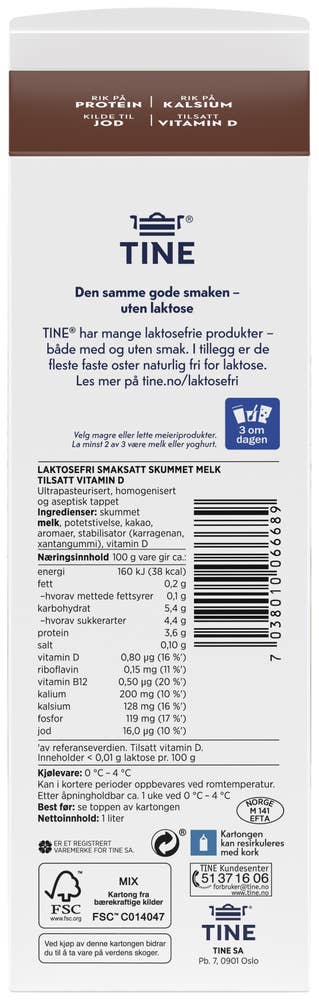 TINE Laktosefri Sjokomelk Fettfri