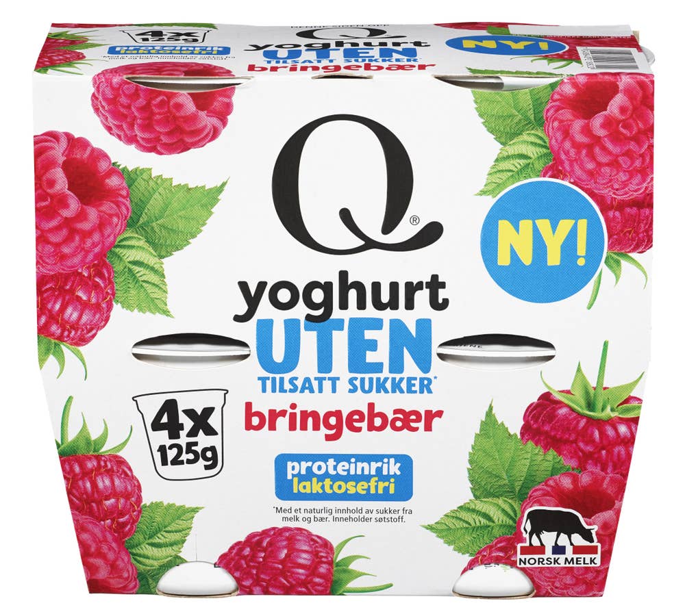 Q yoghurt bringebær Uten tilsatt sukker, i beger, 4x125g