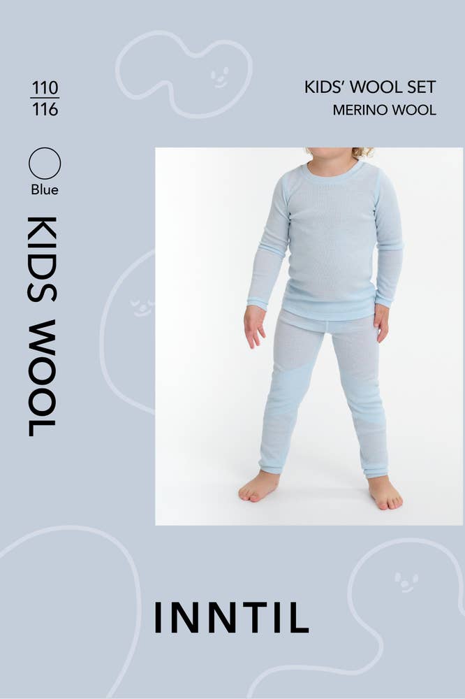 Inntil Ullsett til barn i 100% merinoull Blå, str. 110-116