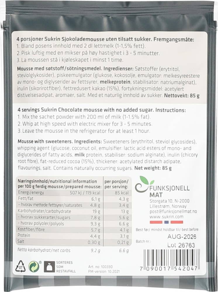 SUKRIN Sjokolademouse Uten tilsatt sukker