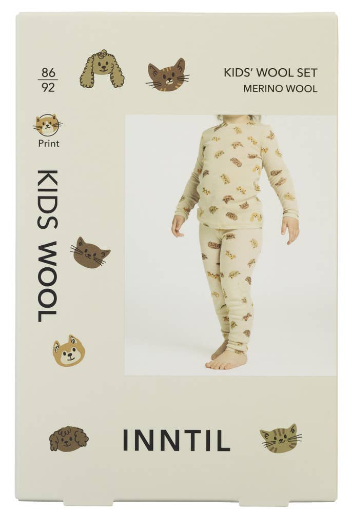 Inntil Ullsett til barn i 100% merinoull Med dyreprint, str 86-92