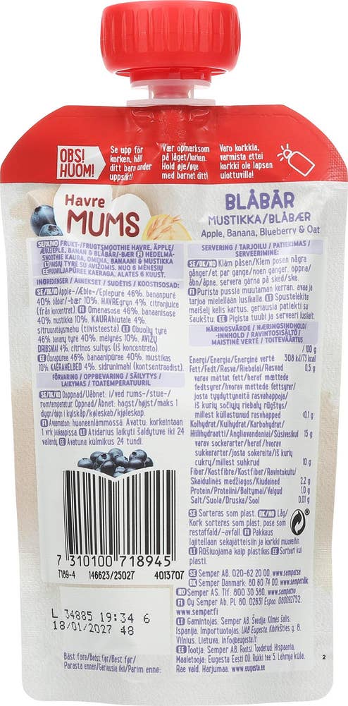 SEMPER Fruktmums med havre og blåbær Fra 6 mnd