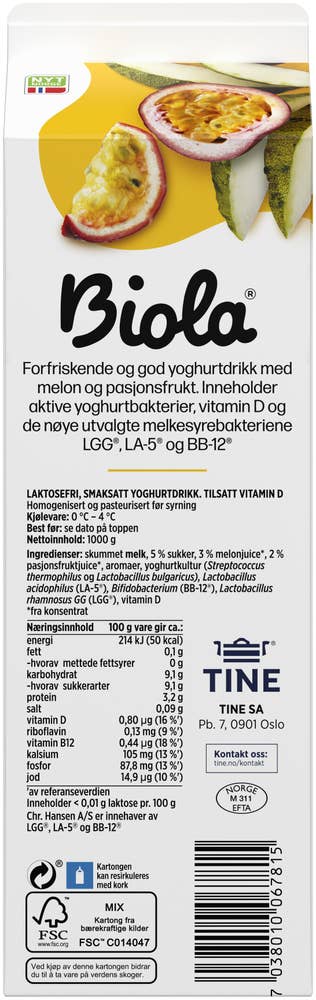 TINE Biola® yoghurtdrikk melon & pasjonsfrukt Laktosefri