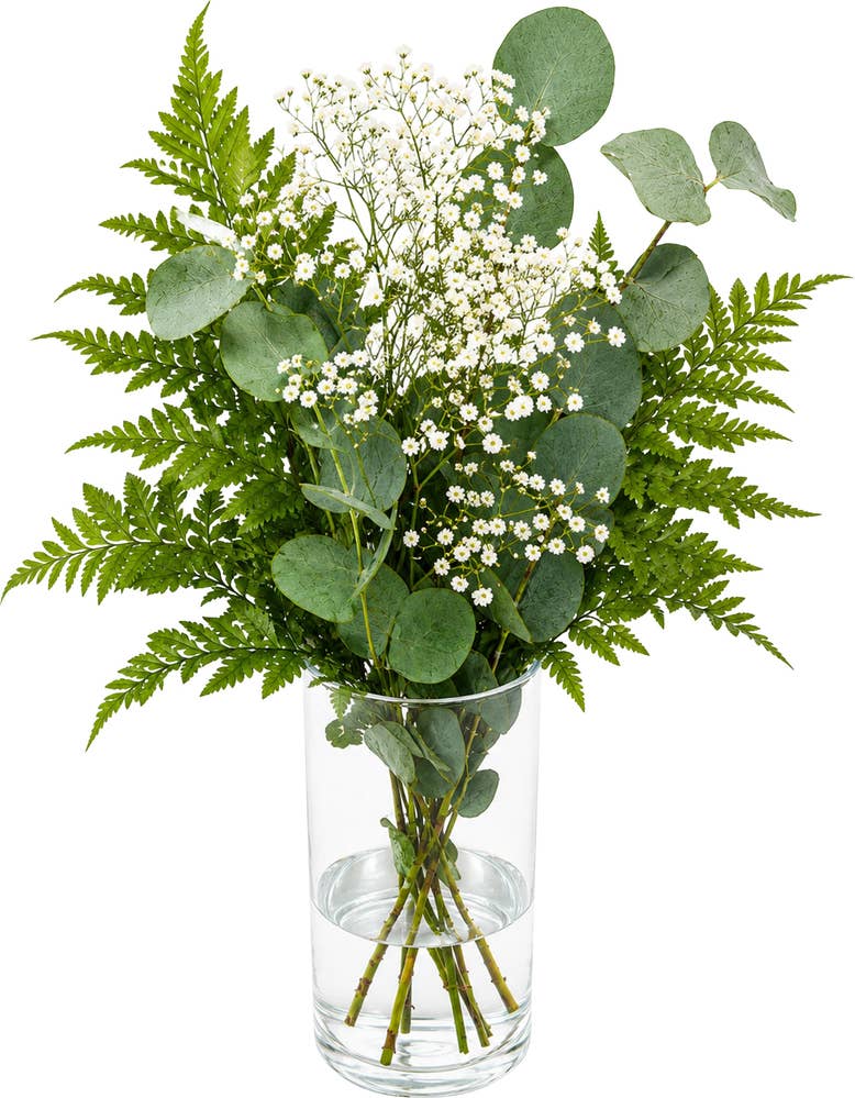 MIMEA Grøntmix bukett Lederløv, eucalyptus og brudeslør, 45cm