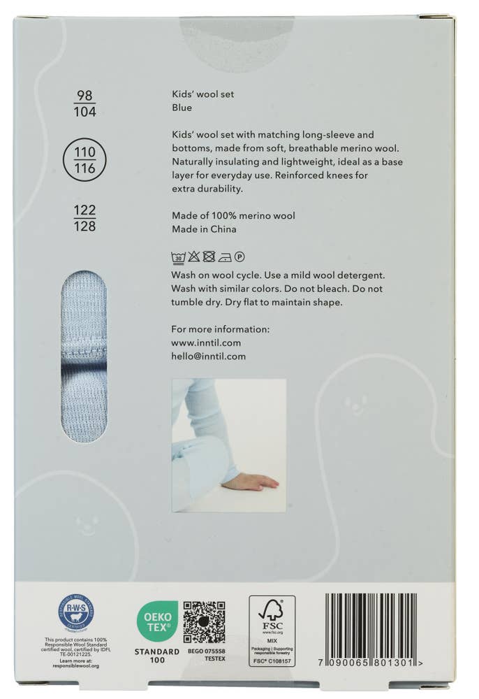 Inntil Ullsett til barn i 100% merinoull Blå, str. 110-116