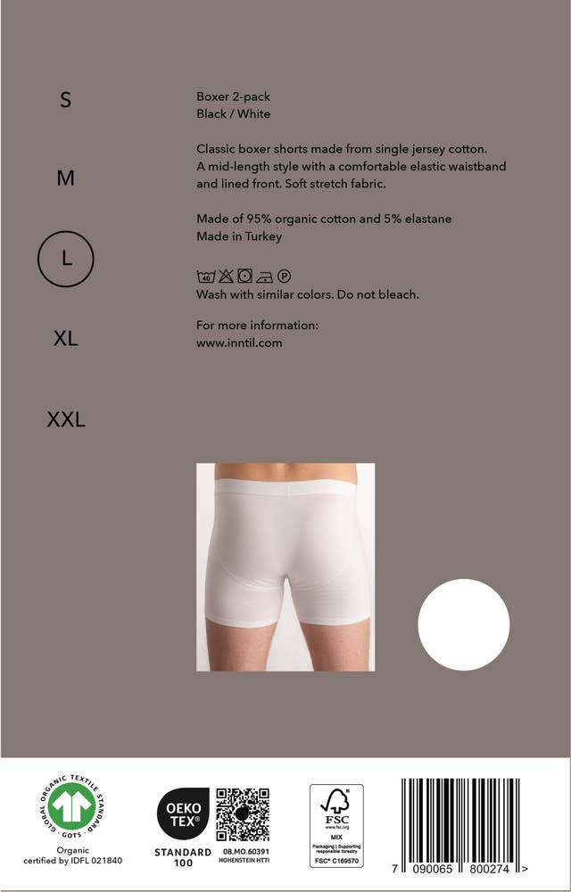 Inntil Bokser i økologisk bomull Sort og hvit, str. L