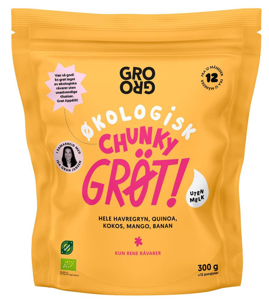 Grogro Pulvergrøt Chunky med mango, kokos og banan, fra 12 mnd