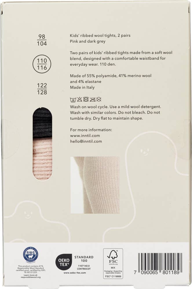 Inntil Ullstrømpebukse til barn Lysrosa og mørkegrå, str 110-116
