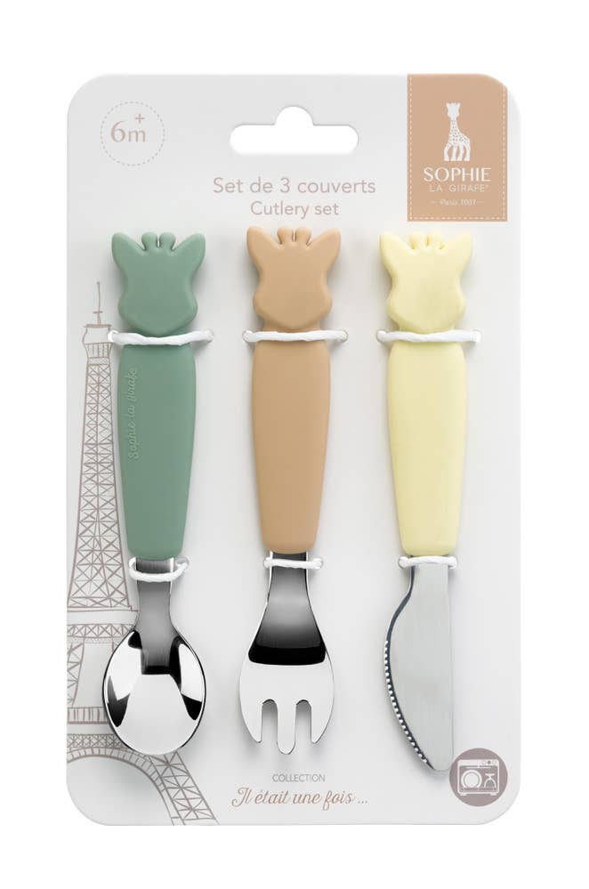 Sprell Bestikk i rustfritt stål og silikon, Sophie la girafe 3 deler