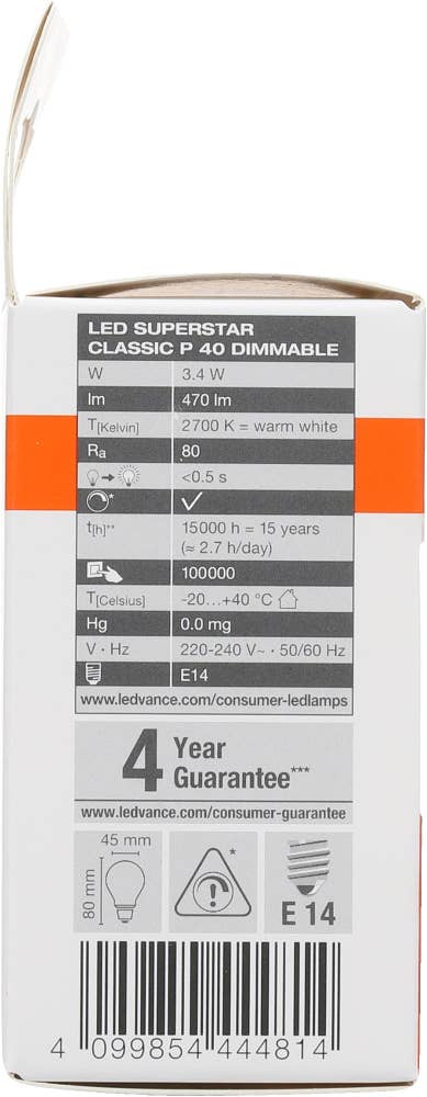 Osram Klar LED-lyspære E14 Dimbar, 40 W, 470 lm, varm hvit