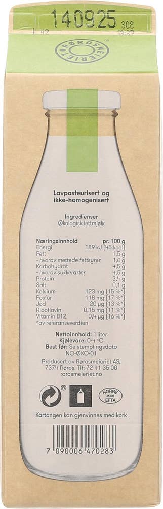 Rørosmeieriet Lett Økologisk Gårdsmjølk ikke Homogenisert