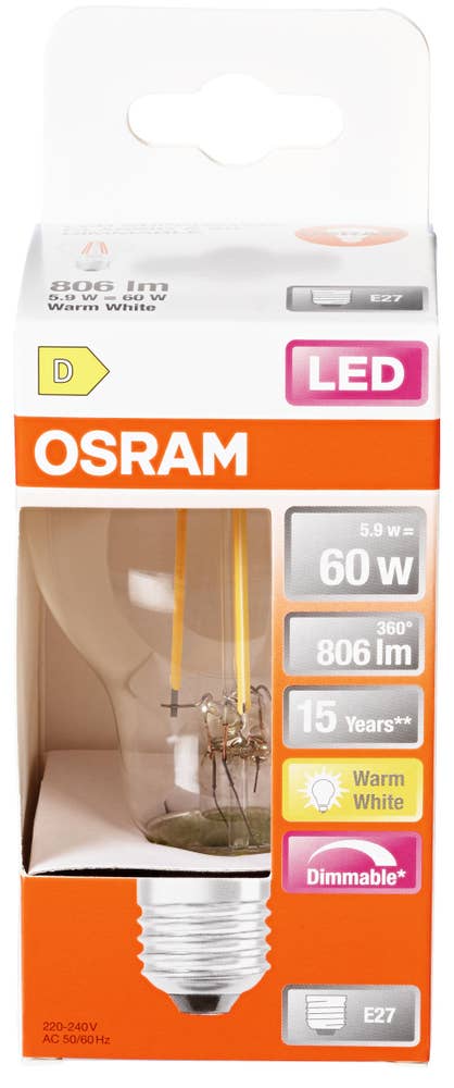 Osram Klar LED-lyspære E27, varm hvit Dimbar, 60 W, 806 lm