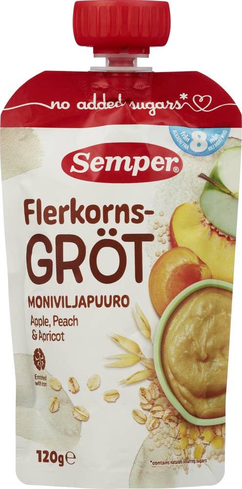 SEMPER Økologisk flerkornsgrøt med eple, fersken og aprikos Fra 8 mnd