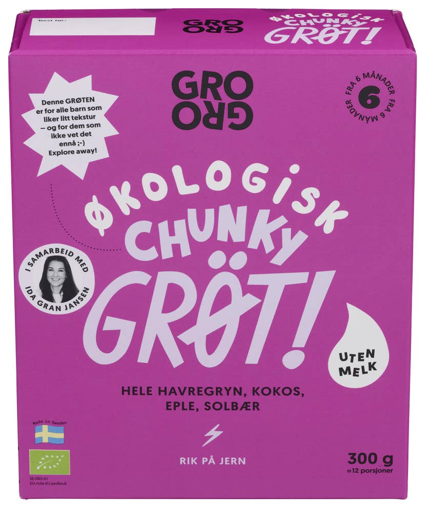 Grogro Pulvergrøt Chunky med havre, kokos, eple og solbær, fra 6 mnd.