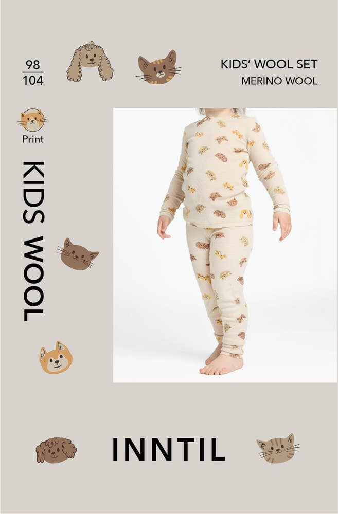 Inntil Ullsett til barn i 100% merinoull Med dyreprint, str 98-104